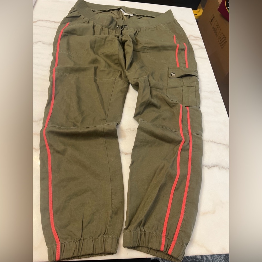 Motherhood Olive Cargo Joggers with Coral Side Stripes